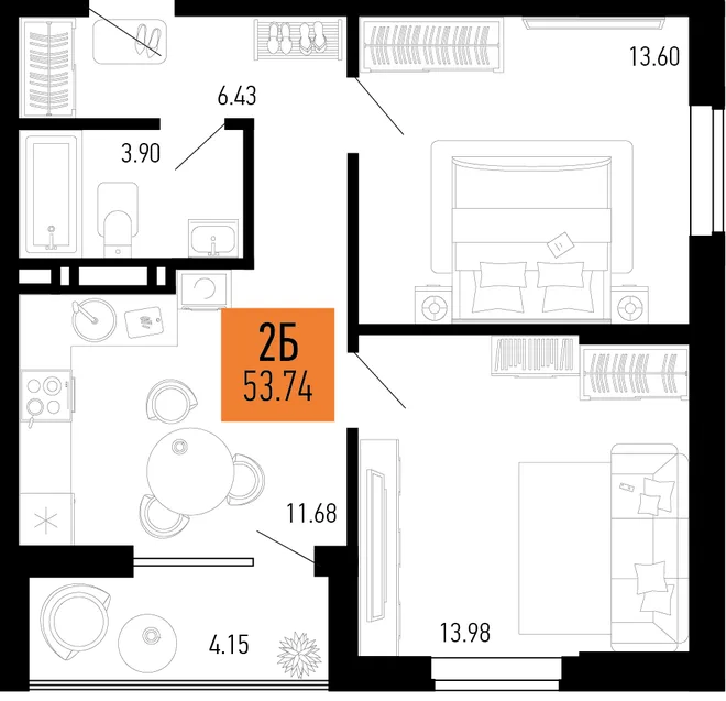 Планировка 2-комн. квартира, 53.74 м² ЖК «Столицыно» Планировка 2-комн. квартира, 53.74 м² ЖК «Столицыно»