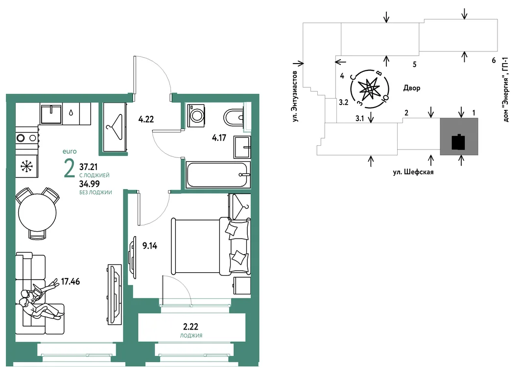 Планировка 2-комн. квартира, 37.21 м² ЖК «Страна.Энтузиастов»