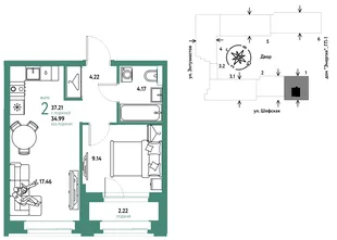 Планировка 2-комн. квартира, 37.21 м² ЖК «Страна.Энтузиастов»