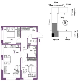 Планировка 3-комн. квартира, 59.65 м² ЖК «Микрорайон Домашний»