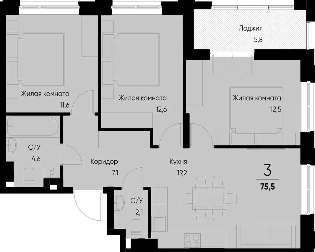 Планировка 3-комн. квартира, 75.5 м² ЖК «Васильевский остров»