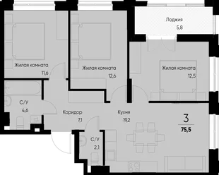 Планировка 3-комн. квартира, 75.5 м² ЖК «Васильевский остров»