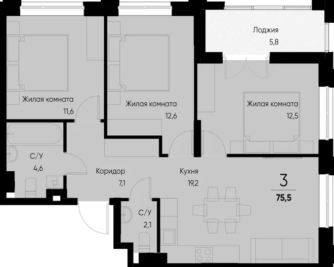 Планировка 3-комн. квартира, 75.5 м² ЖК «Васильевский остров» Планировка 3-комн. квартира, 75.5 м² ЖК «Васильевский остров»