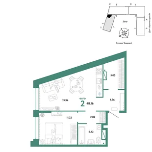 Планировка 2-комн. квартира, 48.16 м² ЖК «Микрорайон Домашний»