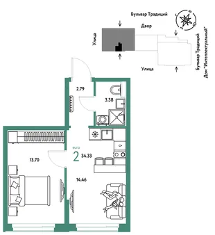 Планировка 2-комн. квартира, 34.33 м² ЖК «Микрорайон Домашний»