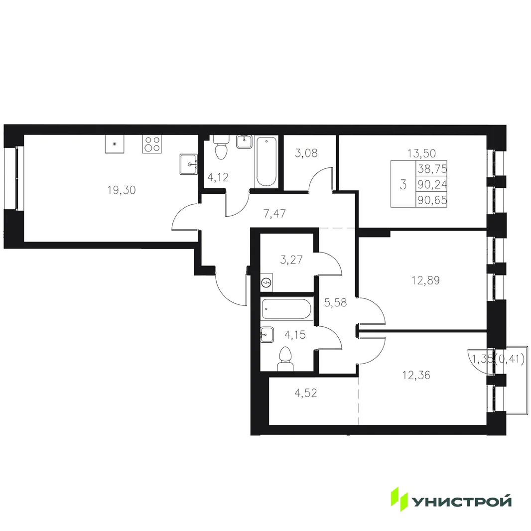 Планировка 3-комн. квартира, 90.65 м² ЖК «Statum»