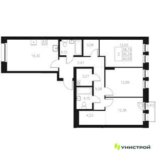Планировка 3-комн. квартира, 90.65 м² ЖК «Statum»