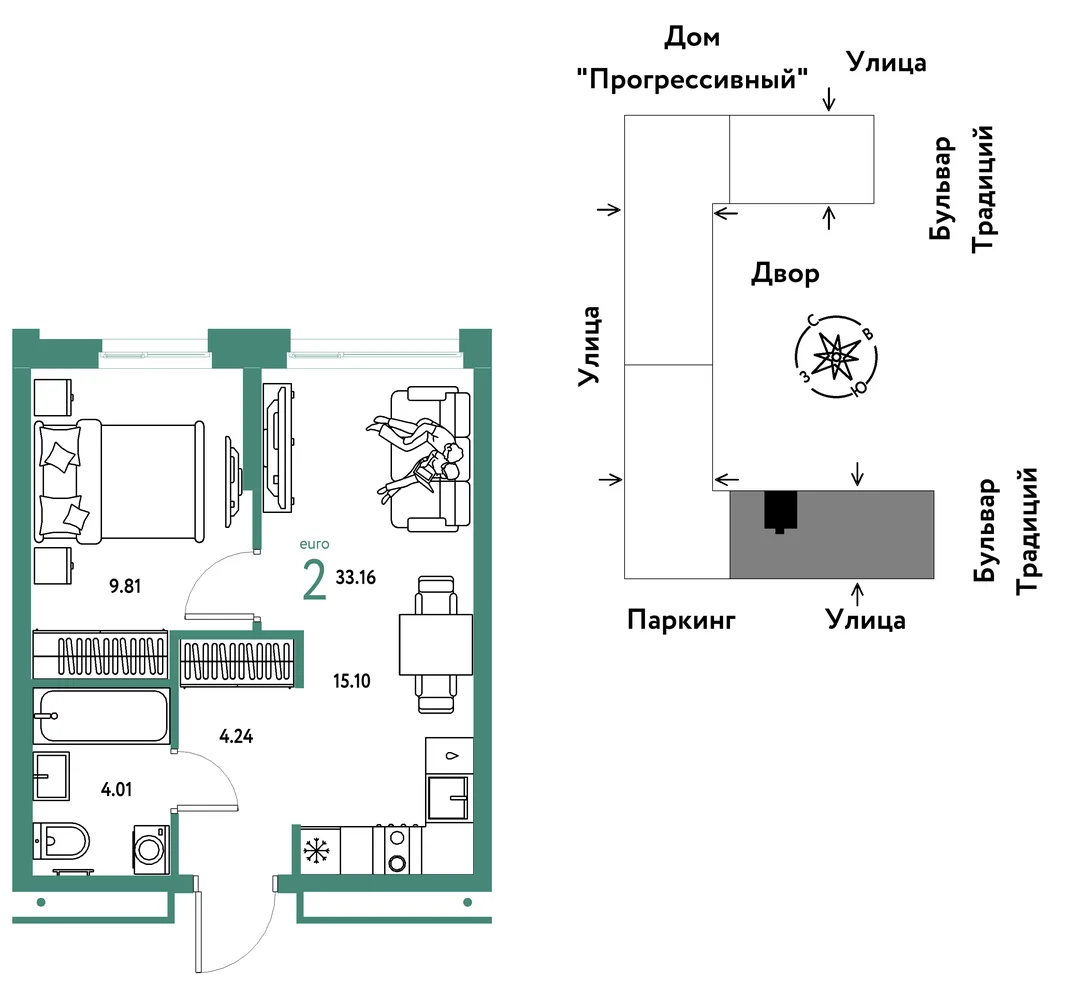 Планировка 2-комн. квартира, 33.16 м² ЖК «Микрорайон Домашний»