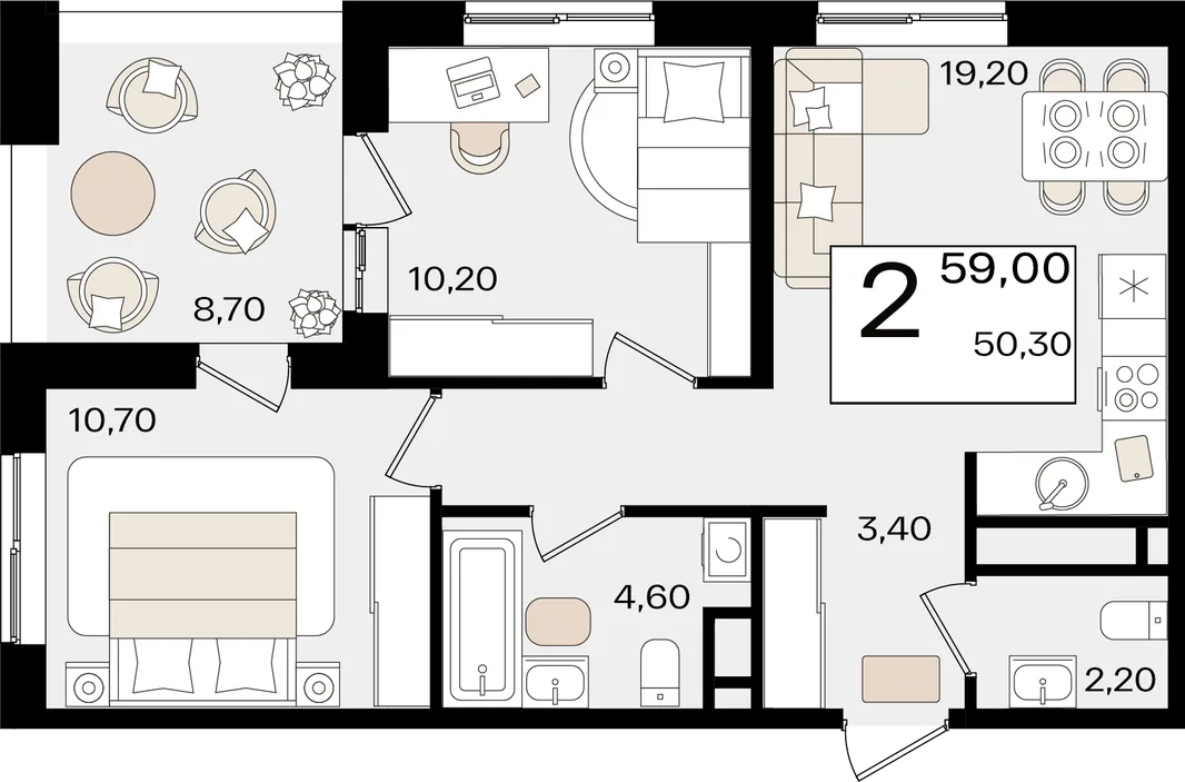 Планировка 2-комн. квартира, 59 м² ЖК «Патрики»