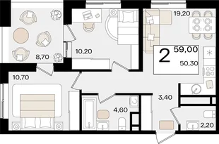 Планировка 2-комн. квартира, 59 м² ЖК «Патрики»