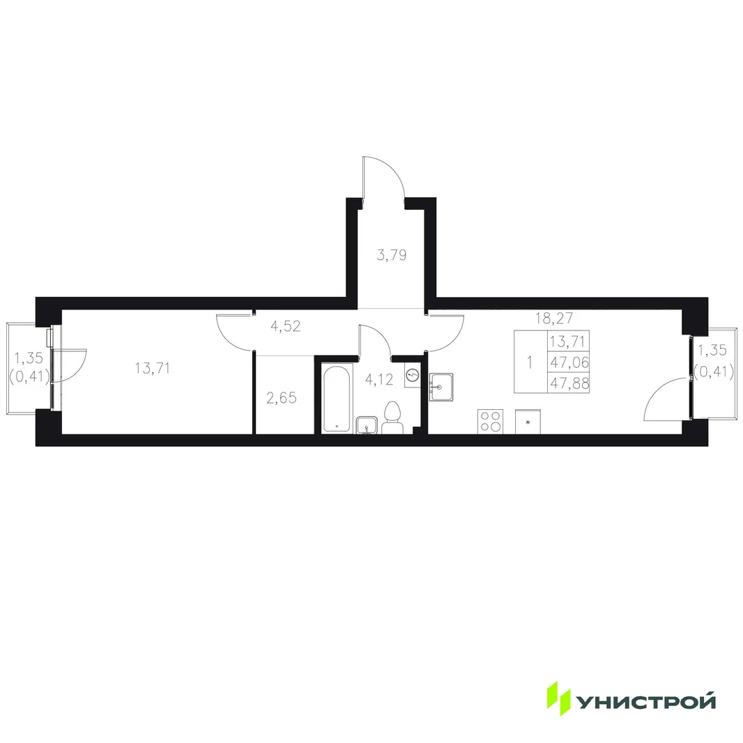 Планировка 1-комн. квартира, 47.88 м² ЖК «Statum»