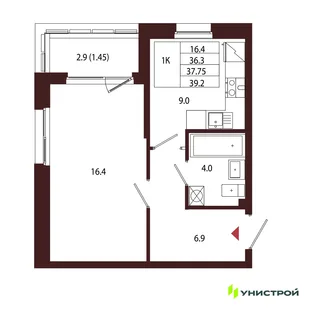 Планировка 1-комн. квартира, 37.75 м² ЖК «Лисино»