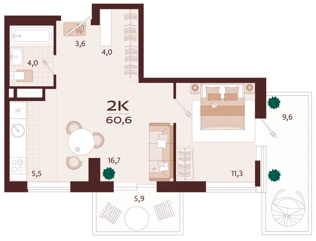Планировка 2-комн. квартира, 60.6 м² ЖК «Роялта»
