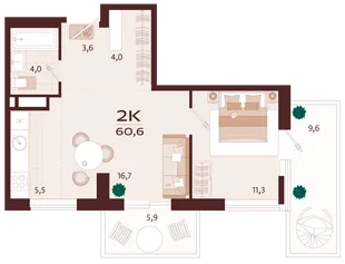 Планировка 2-комн. квартира, 60.6 м² ЖК «Роялта»