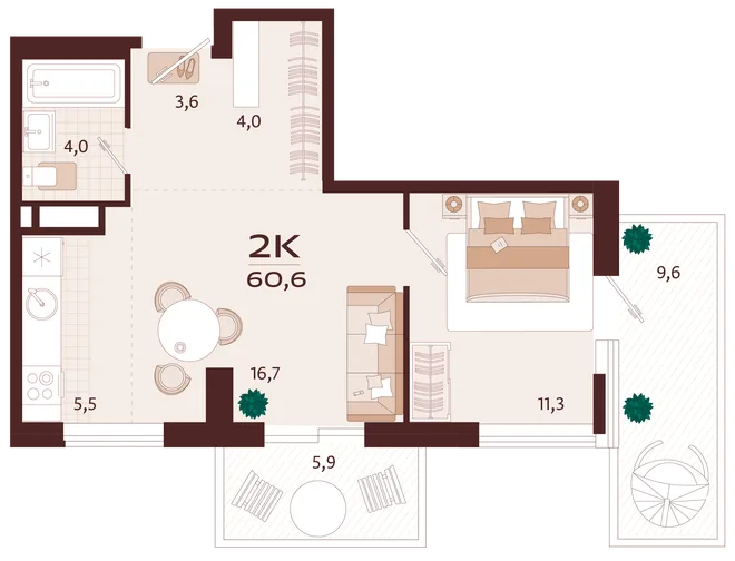 Планировка 2-комн. квартира, 60.6 м² ЖК «Роялта» Планировка 2-комн. квартира, 60.6 м² ЖК «Роялта»