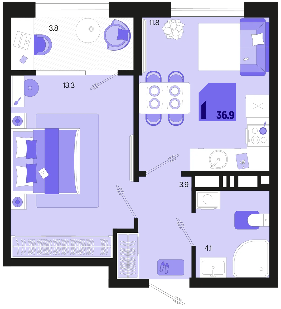 Планировка 1-комн. квартира, 36.9 м² ЖК «Первое место»