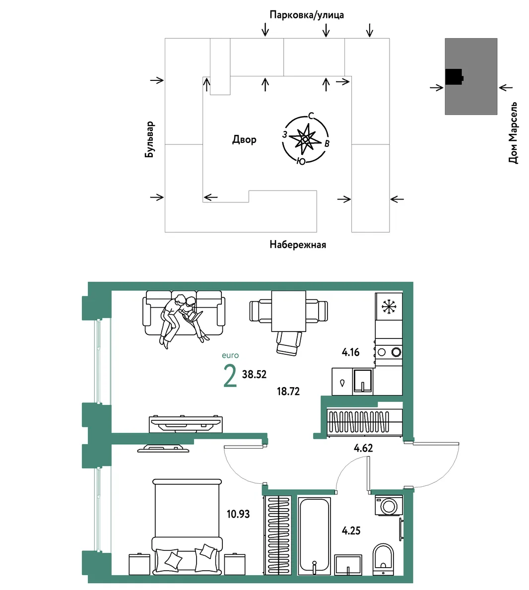 Планировка 2-комн. квартира, 38.52 м² ЖК «Европейский берег 2.0»