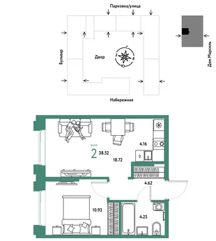 Планировка 2-комн. квартира, 38.52 м² ЖК «Европейский берег 2.0»