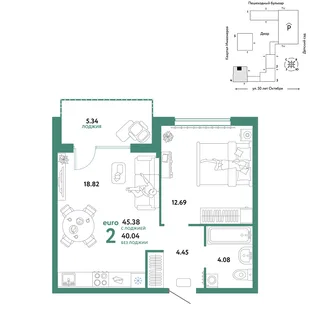 Планировка 2-комн. квартира, 45.38 м² ЖК «Сердце Сибири»
