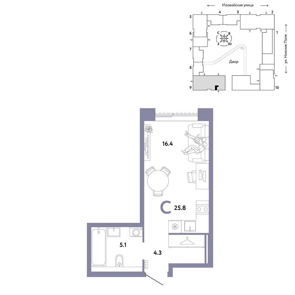 Планировка Студия, 25.8 м² ЖК «Страна.Заречная»