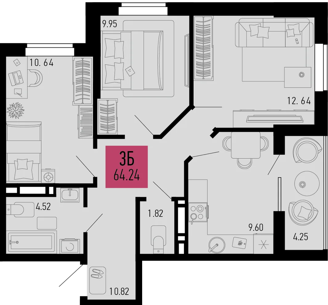 Планировка 3-комн. квартира, 64.24 м² ЖК «Столицыно»