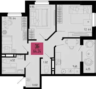 Планировка 3-комн. квартира, 64.24 м² ЖК «Столицыно»