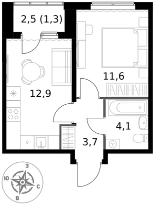 Квартира 1-комн. квартира, 33.6 м² ЖК «1-й Ясеневский» Фото 1