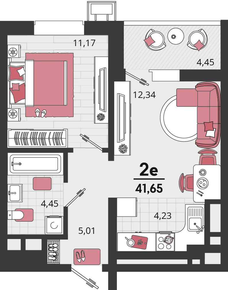 Планировка 2-комн. квартира, 41.65 м² ЖК «Родные просторы»