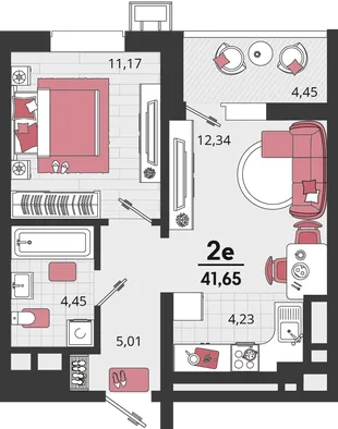 Планировка 2-комн. квартира, 41.65 м² ЖК «Родные просторы»
