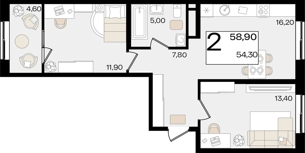 Планировка 2-комн. квартира, 58.9 м² ЖК «Патрики»