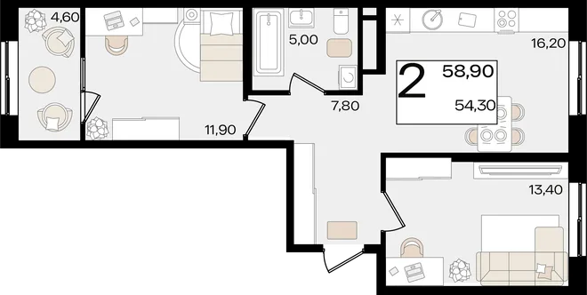 Планировка 2-комн. квартира, 58.9 м² ЖК «Патрики» Планировка 2-комн. квартира, 58.9 м² ЖК «Патрики»