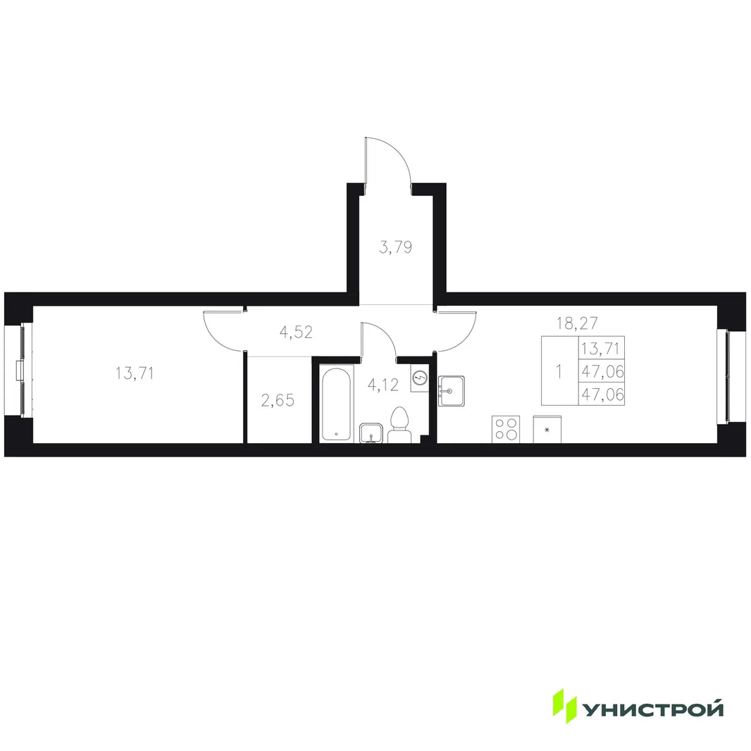 Планировка 1-комн. квартира, 47.06 м² ЖК «Statum»