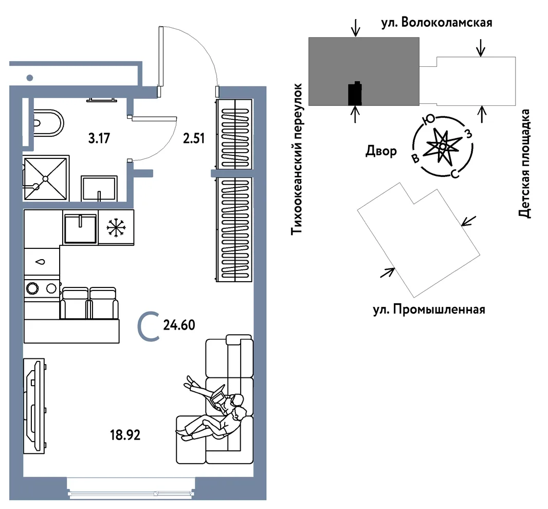 Планировка Студия, 24.6 м² ЖК «Страна Прибрежная»