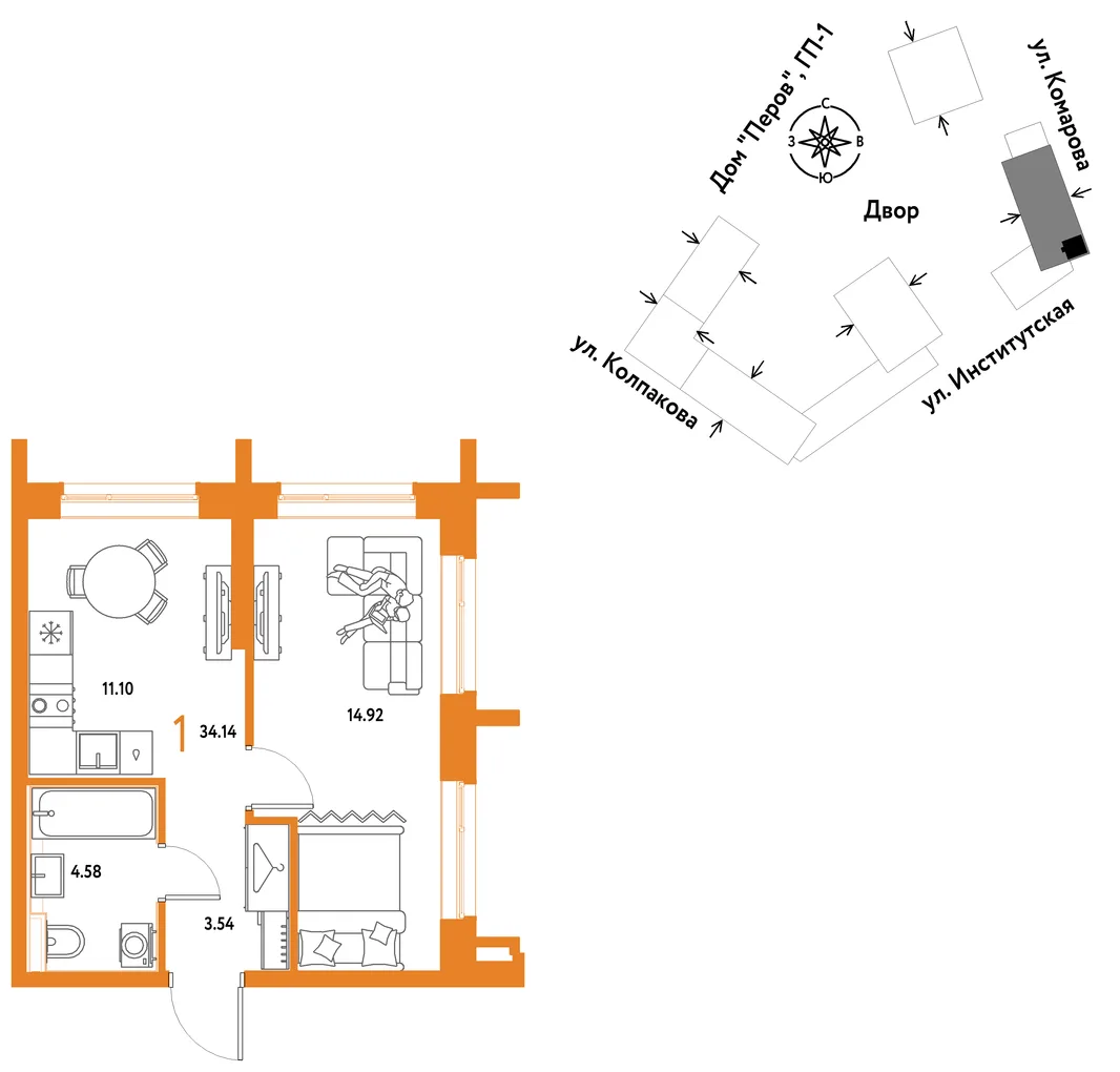 Планировка 1-комн. квартира, 34.14 м² ЖК «Страна.Парковая»