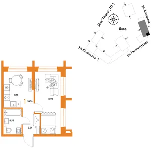 Планировка 1-комн. квартира, 34.14 м² ЖК «Страна.Парковая»