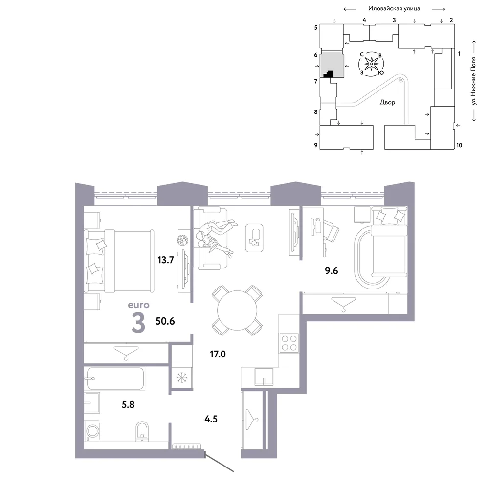 Планировка 3-комн. квартира, 50.6 м² ЖК «Страна.Заречная»