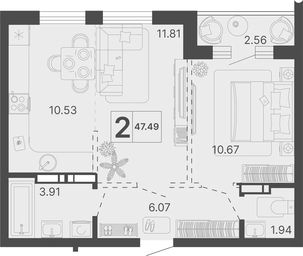 Планировка 2-комн. квартира, 47.49 м² ЖК «Светский лес»