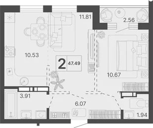 Планировка 2-комн. квартира, 47.49 м² ЖК «Светский лес»