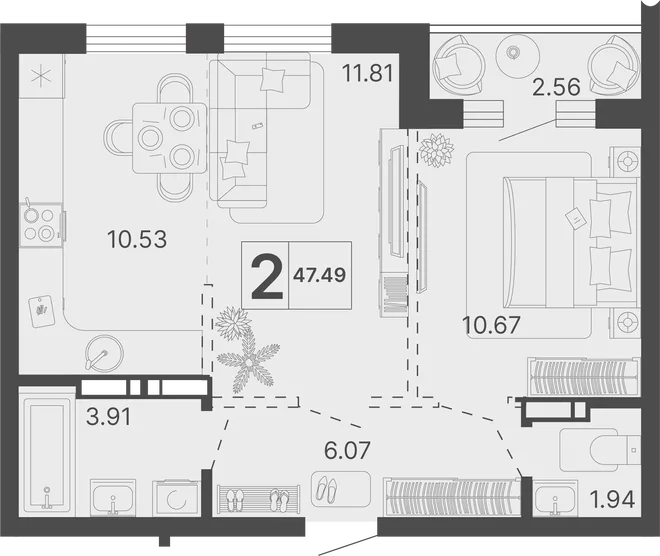 Планировка 2-комн. квартира, 47.49 м² ЖК «Светский лес» Планировка 2-комн. квартира, 47.49 м² ЖК «Светский лес»