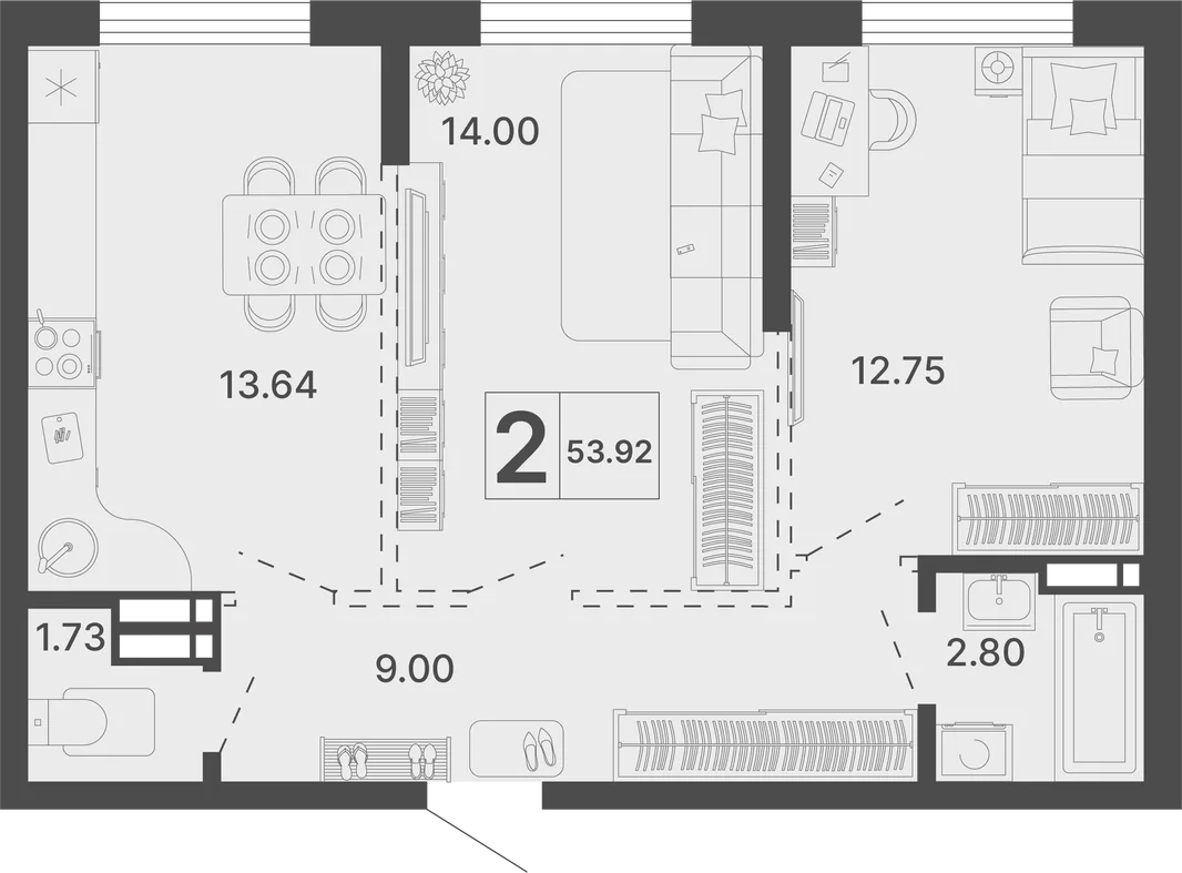 Планировка 2-комн. квартира, 53.92 м² ЖК «Светский лес»