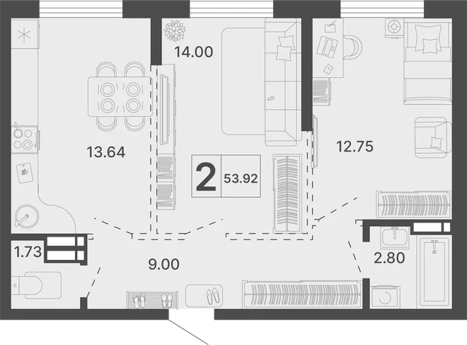 Планировка 2-комн. квартира, 53.92 м² ЖК «Светский лес» Планировка 2-комн. квартира, 53.92 м² ЖК «Светский лес»
