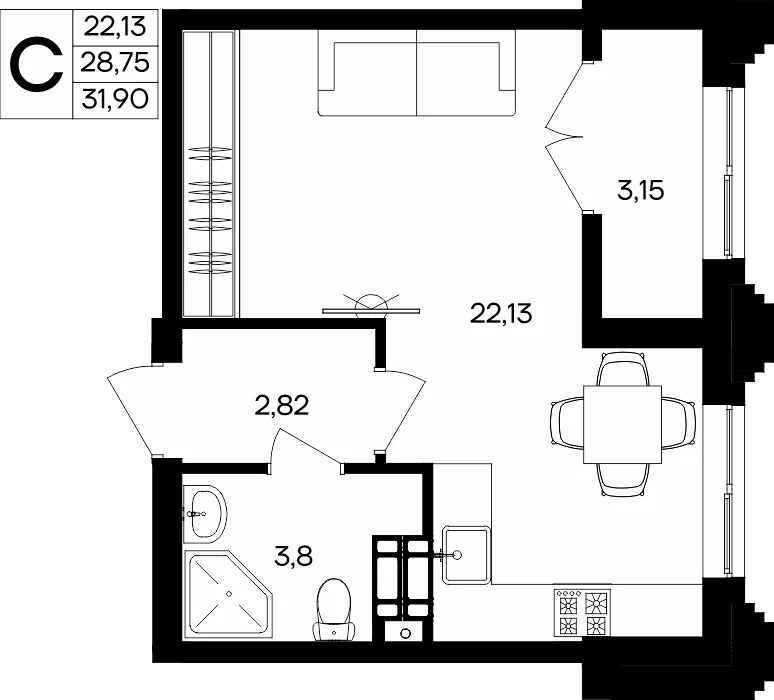 Планировка Студия, 31.9 м² ЖК «Семисчастье»