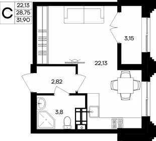Планировка Студия, 31.9 м² ЖК «Семисчастье»