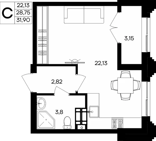 Планировка Студия, 31.9 м² ЖК «Семисчастье» Планировка Студия, 31.9 м² ЖК «Семисчастье»