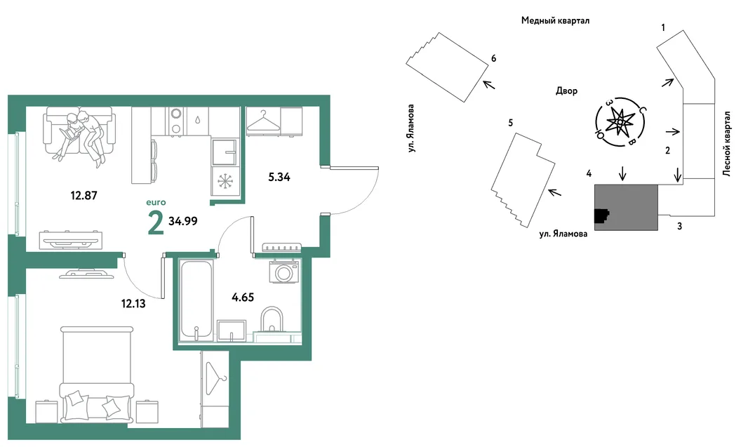 Планировка 2-комн. квартира, 34.99 м² ЖК «Сибирский сад»