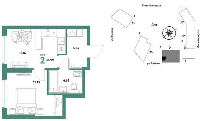 Планировка 2-комн. квартира, 34.99 м² ЖК «Сибирский сад»