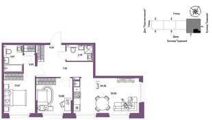 Планировка 3-комн. квартира, 64.67 м² ЖК «Микрорайон Домашний»