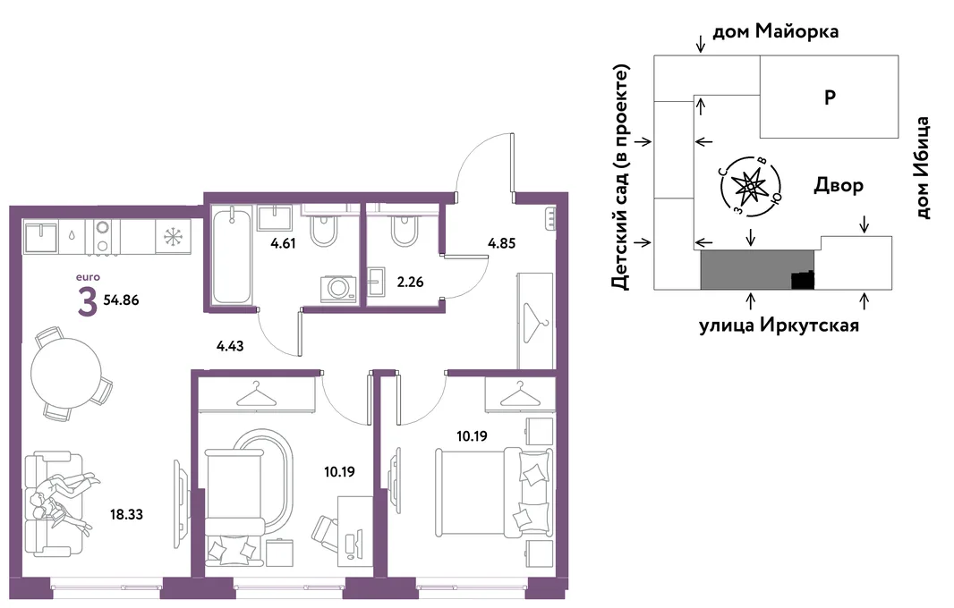Планировка 3-комн. квартира, 54.86 м² ЖК «Остров-сад»