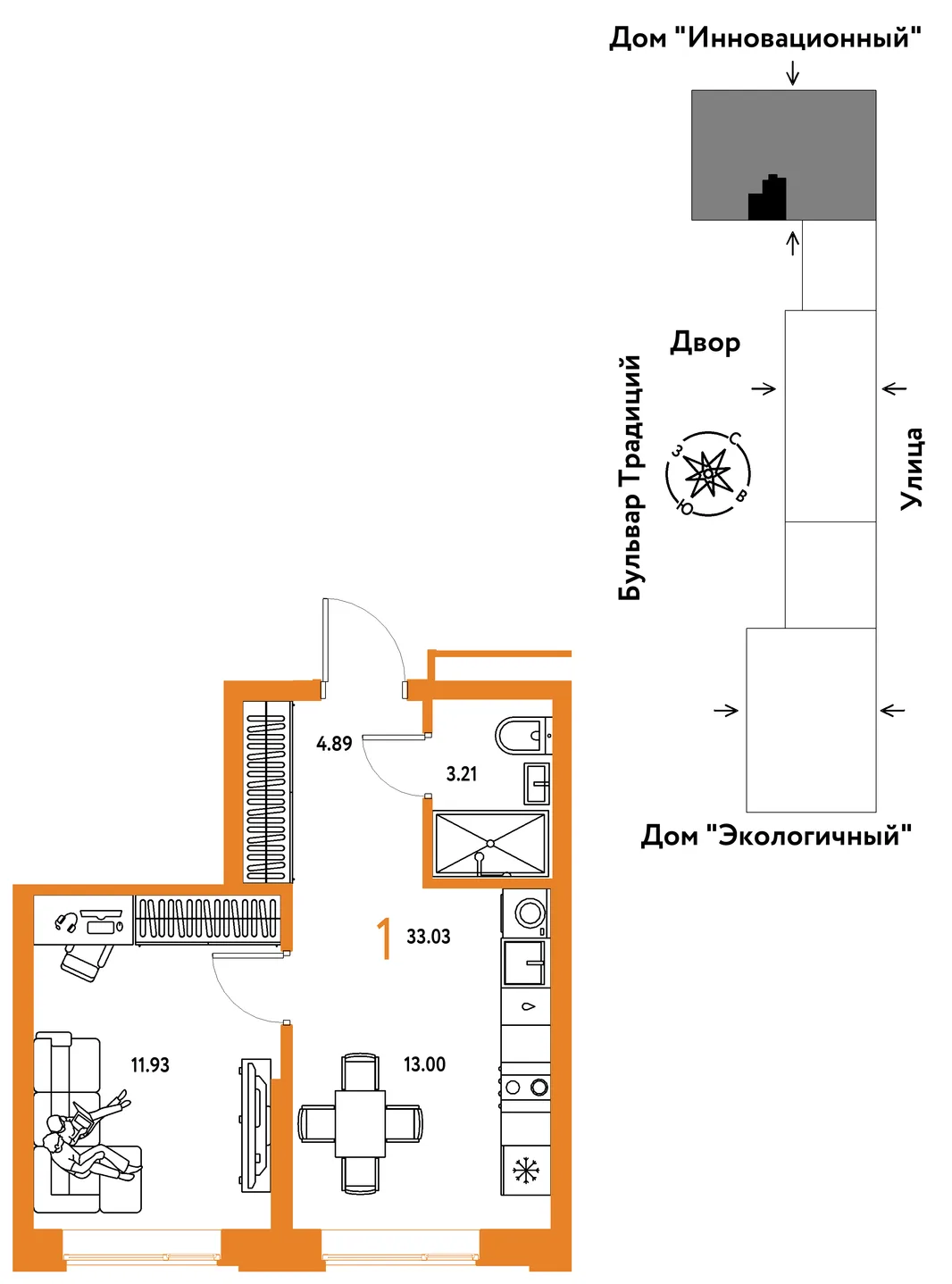 Планировка 1-комн. квартира, 33.03 м² ЖК «Микрорайон Домашний»