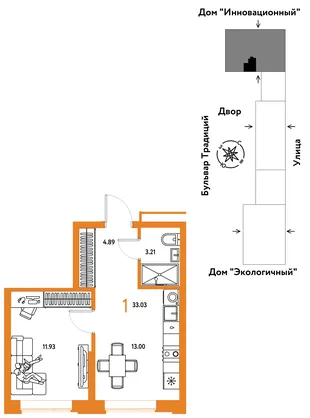 Планировка 1-комн. квартира, 33.03 м² ЖК «Микрорайон Домашний»